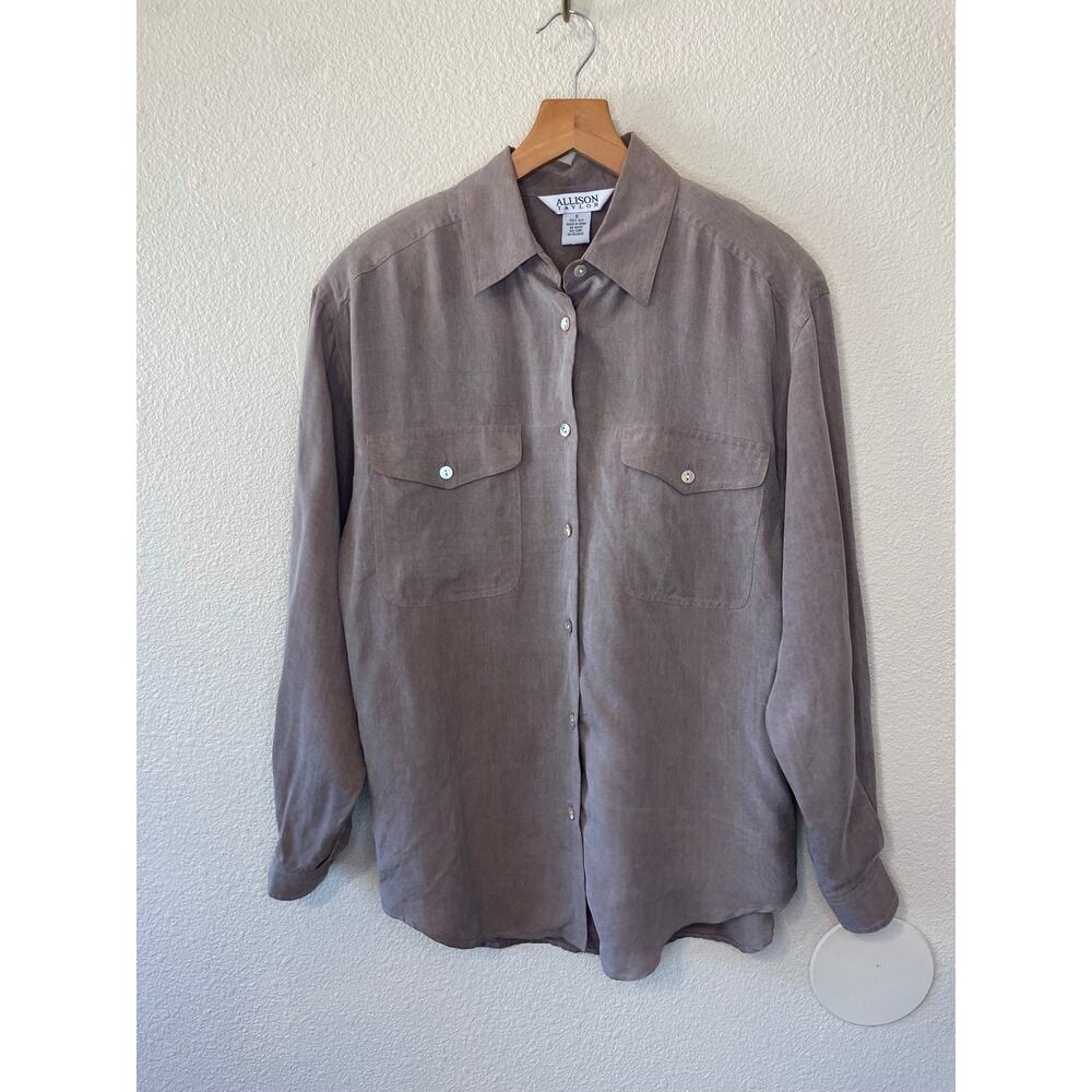 Minimalist Allison Taylor Silk Taup/ Gray Long Sleeve Button Up Blouse Small
